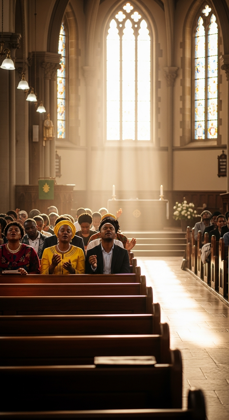 Warm South African church interior with congregation and sunlight streaming through windows